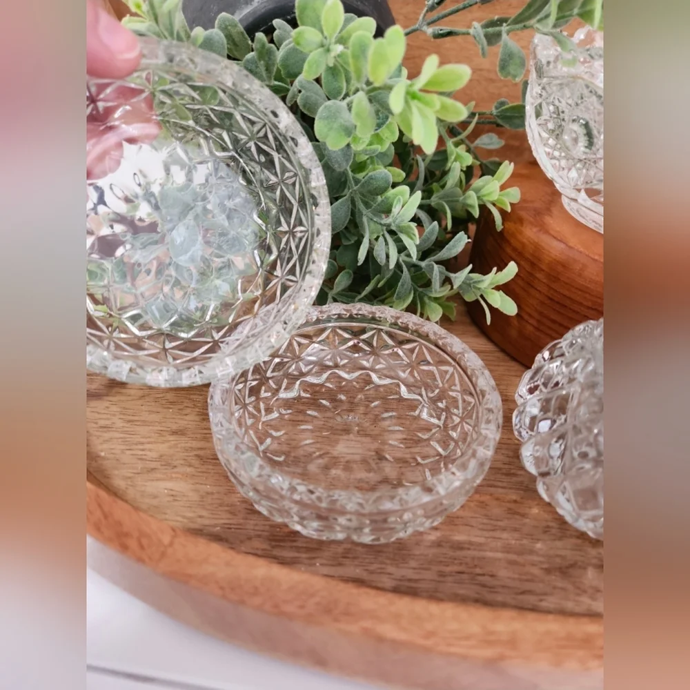Vintage EAPG Clear Cut Glass Starburst Bowl Hobnail Trinket Box Votive Holder
